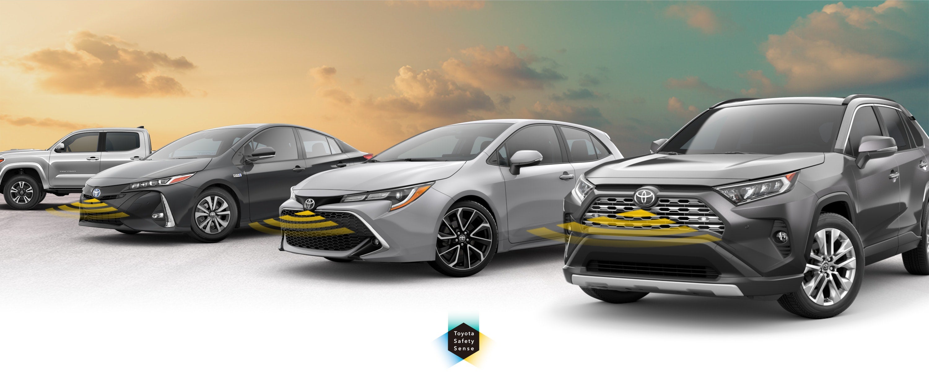 Toyota Safety Sense: Designed for Safety. Options shown on Toyota models including RAV4, Tacoma, and Camry, available now at Balise Toyota in West Springfield MA.